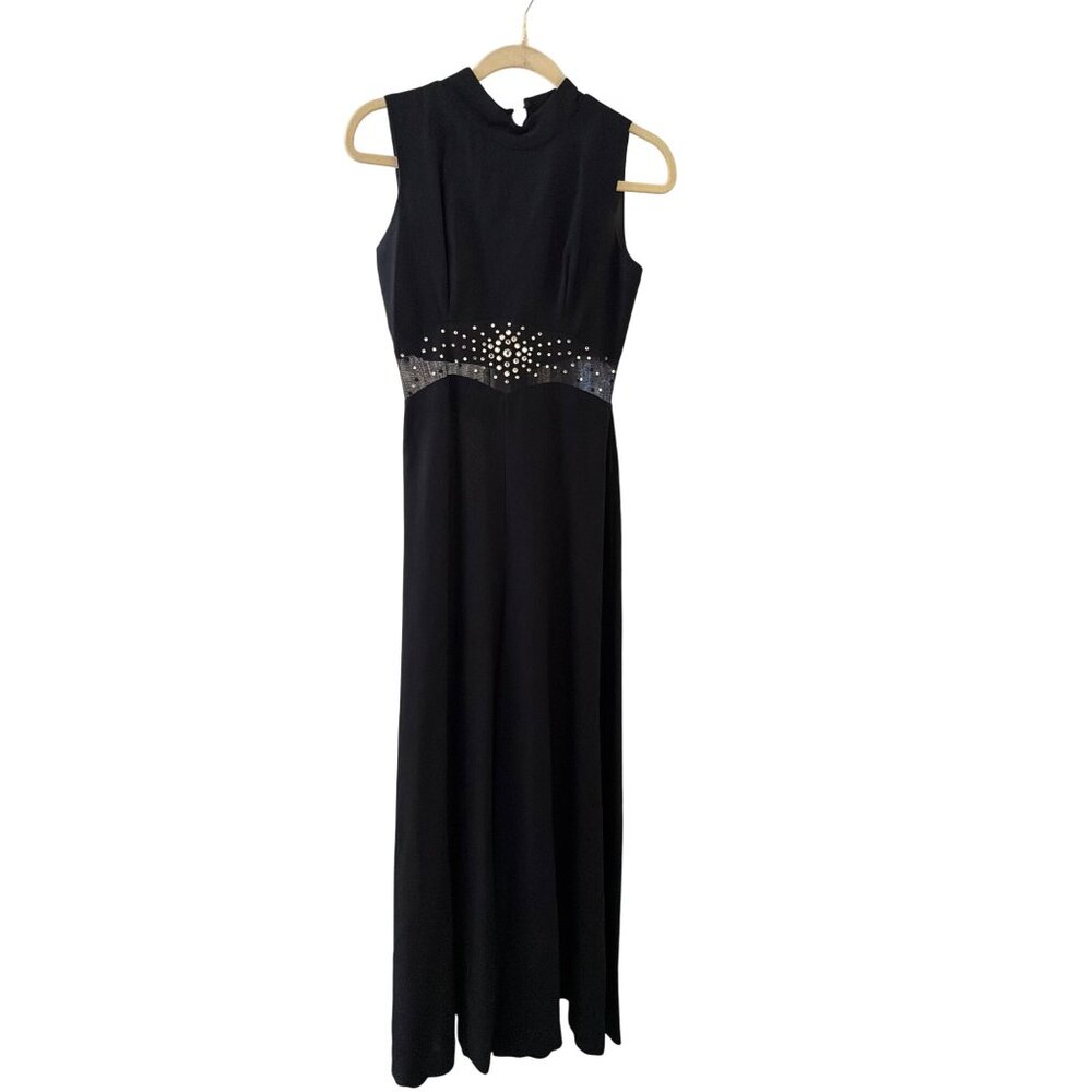 Black Sleeveless Maxi‎ Jumpsuit Rhinestone Waist Detail & Sheer Accents Small